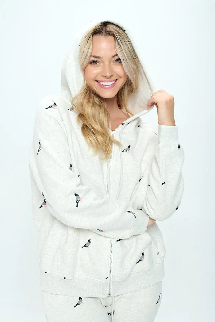 Pigeon Print Zip Up Hoodie