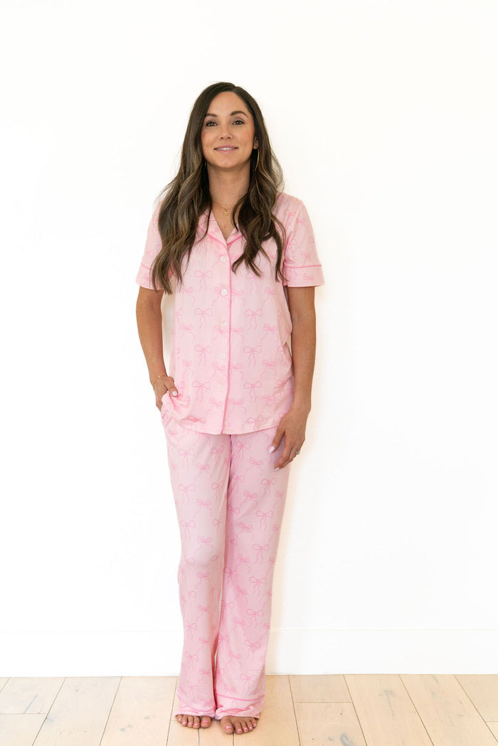 PINK BOWS | WOMEN'S BUTTON UP SHORT SLEEVE SET