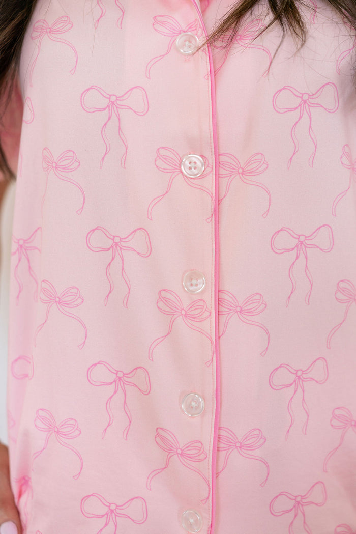 PINK BOWS | WOMEN'S BUTTON UP SHORT SLEEVE SET