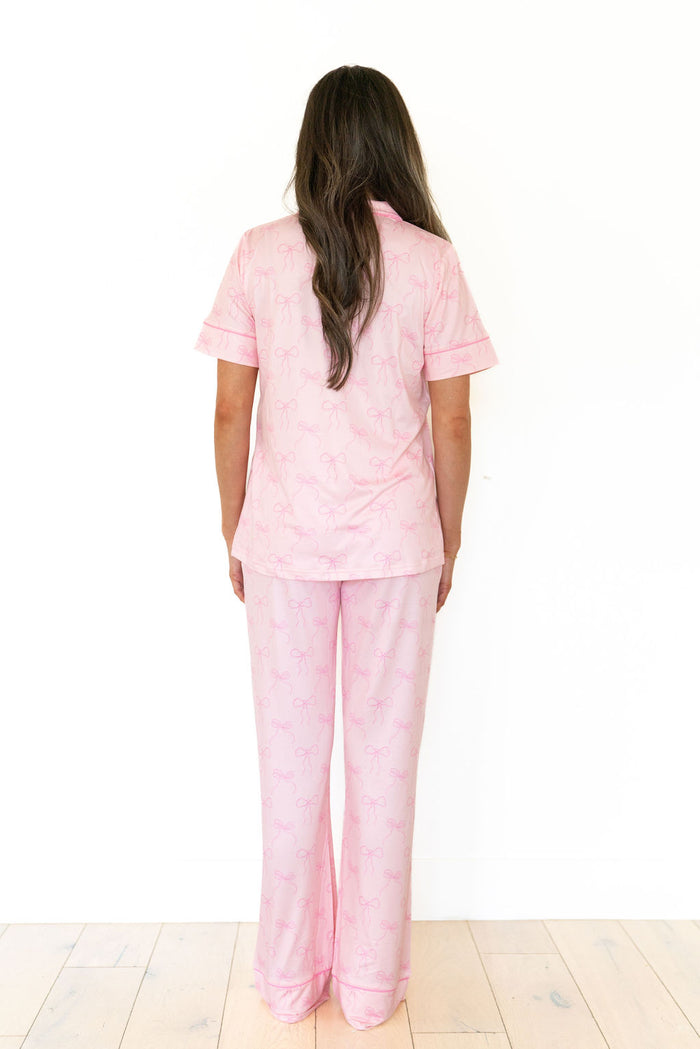 PINK BOWS | WOMEN'S BUTTON UP SHORT SLEEVE SET