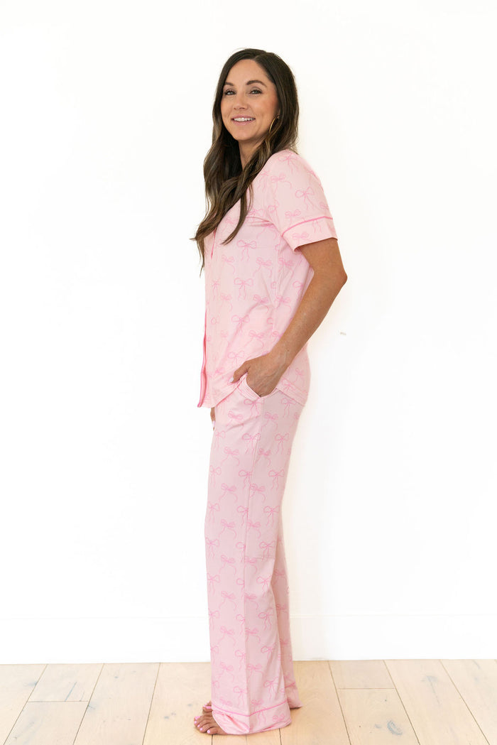 PINK BOWS | WOMEN'S BUTTON UP SHORT SLEEVE SET