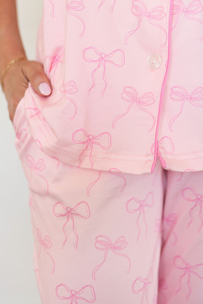 PINK BOWS | WOMEN'S BUTTON UP SHORT SLEEVE SET