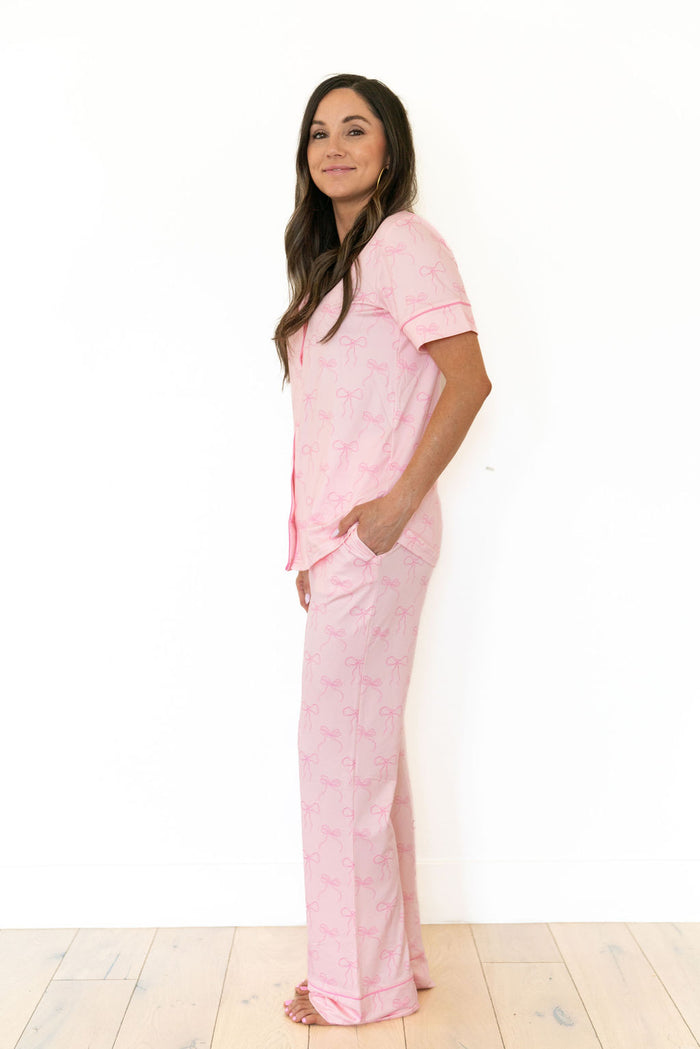 PINK BOWS | WOMEN'S BUTTON UP SHORT SLEEVE SET