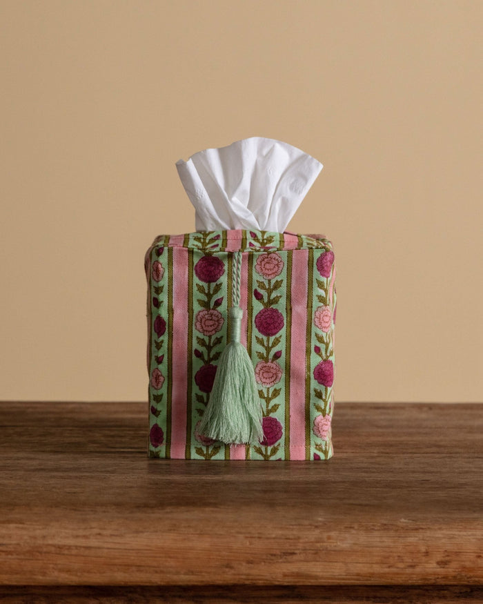 Pink Floral Stripe Blockprint Tissue Box Cover - Lone Fox