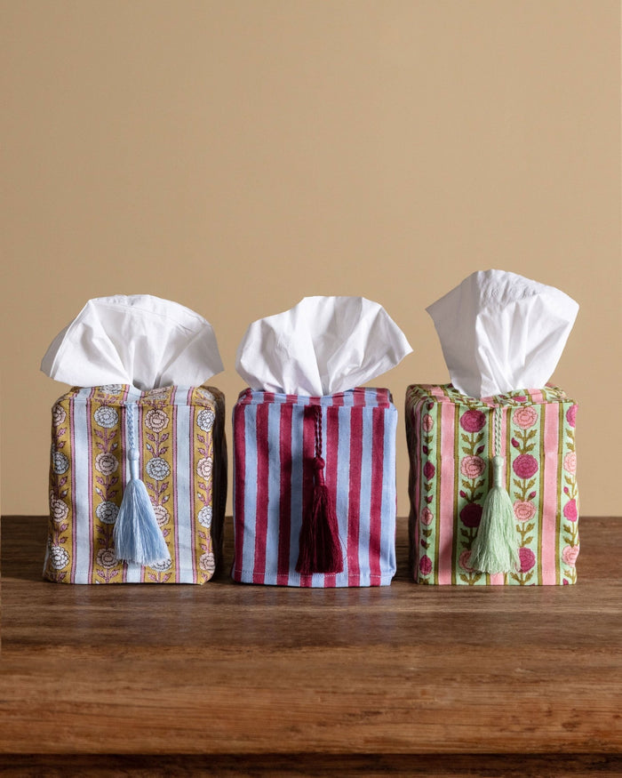 Pink Floral Stripe Blockprint Tissue Box Cover - Lone Fox