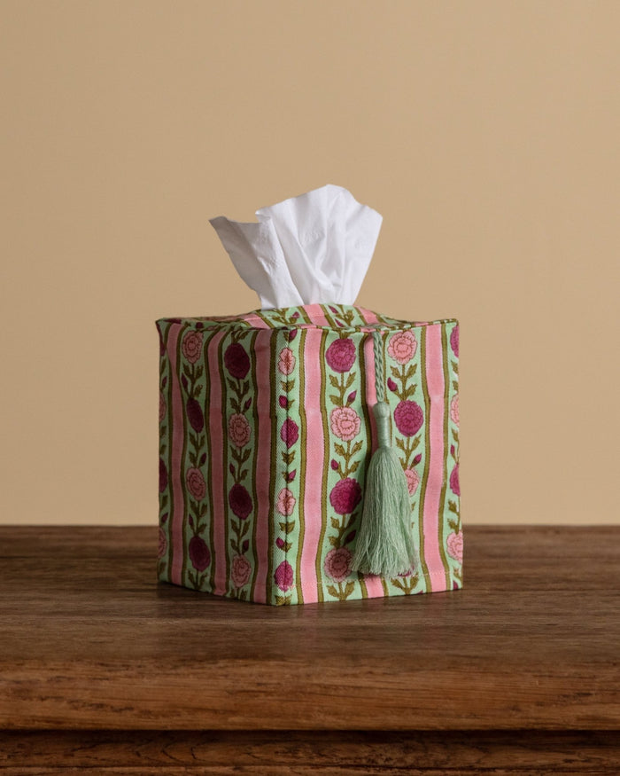 Pink Floral Stripe Blockprint Tissue Box Cover - Lone Fox
