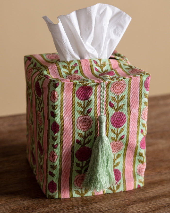 Pink Floral Stripe Blockprint Tissue Box Cover - Lone Fox