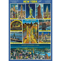 Vintage-style poster of New York City at night with various landmarks.