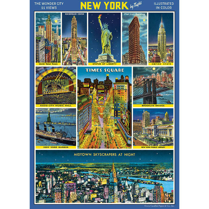 Vintage-style poster of New York City at night with various landmarks.