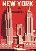Image of a Vintage-style Wonder City poster printed on vibrant red archival paper, featuring a detailed cityscape with the Empire State Building, a bridge, and classic skyscrapers rendered in cream, red, and black contrasting lines against a deep red background.
