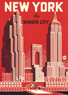 Image of a Vintage-style Wonder City poster printed on vibrant red archival paper, featuring a detailed cityscape with the Empire State Building, a bridge, and classic skyscrapers rendered in cream, red, and black contrasting lines against a deep red background.