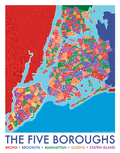 The image shows Five Boroughs, an 11-by-17-inch colorful typographic map. Rendered in red, orange, purple, blue, green, and yellow, it depicts New York City’s five boroughs using hundreds of hand-drawn neighborhood and place names arranged within their geographic boundaries, creating a vibrant, puzzle-like portrait of the city.