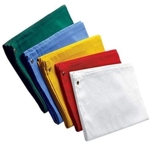 Five folded rectangular cloths in green, blue, yellow, red, and white, each with a metal grommet in one corner—ideal as Professional Photo ID Backdrops - Select Colors Available. Sold by Specialist ID.