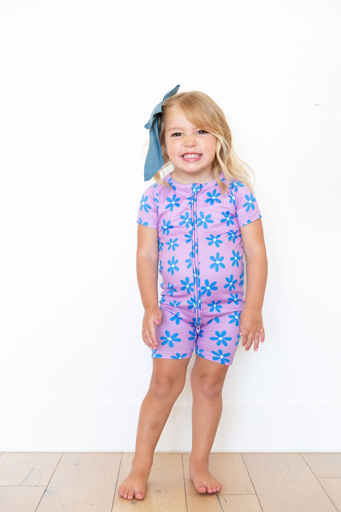 PURPLE + BLUE DAISY | SHORT ZIPPER ONE PIECE