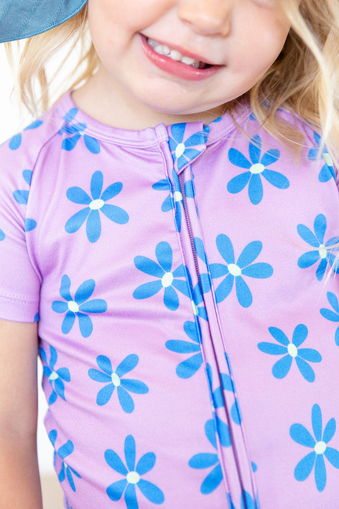 PURPLE + BLUE DAISY | SHORT ZIPPER ONE PIECE