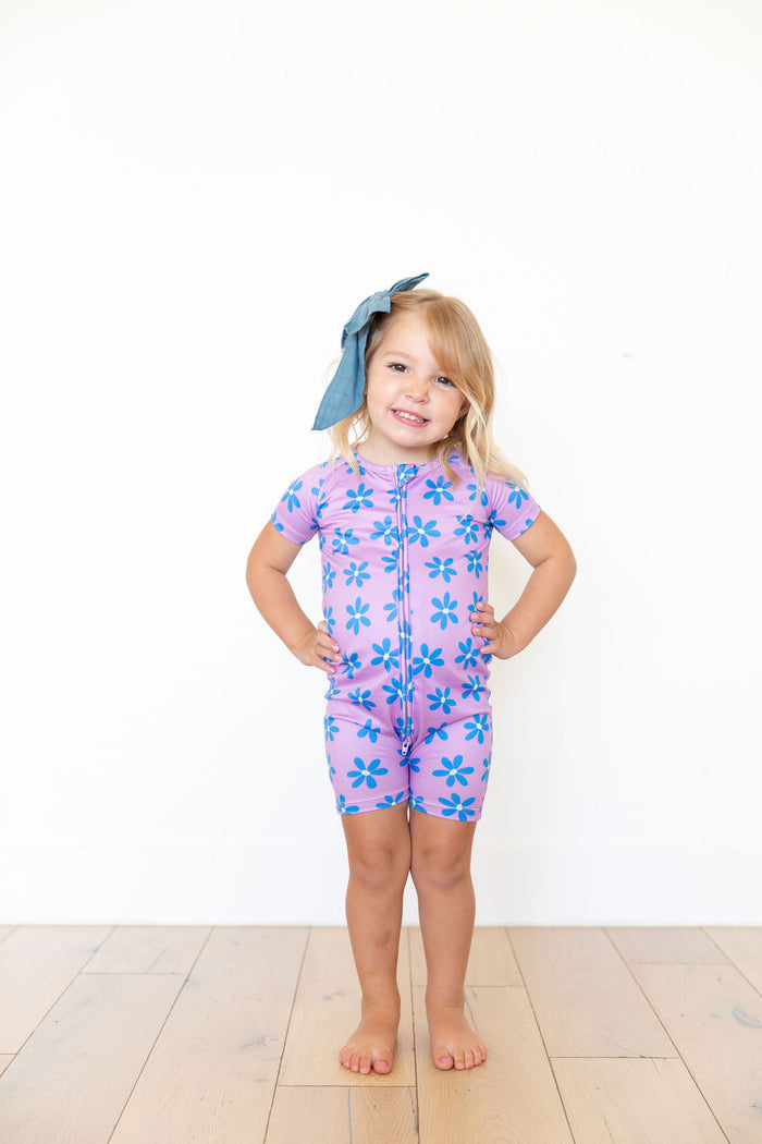 PURPLE + BLUE DAISY | SHORT ZIPPER ONE PIECE