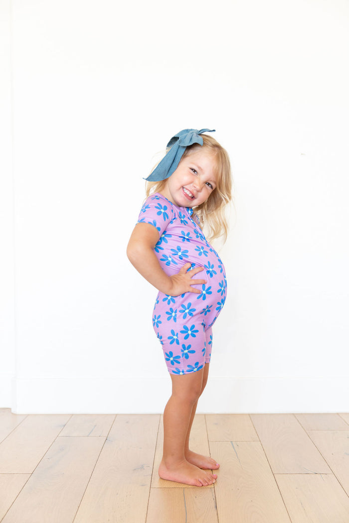 PURPLE + BLUE DAISY | SHORT ZIPPER ONE PIECE