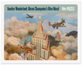 Puzzle box with a colorful illustration of a tall building, planes, and clouds from Another Wonderland by Abram Champanier.