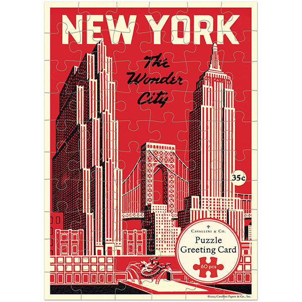 Vintage-style puzzle packaging with New York City skyline and text on a red background