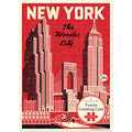 Vintage-style puzzle packaging with New York City skyline and text on a red background