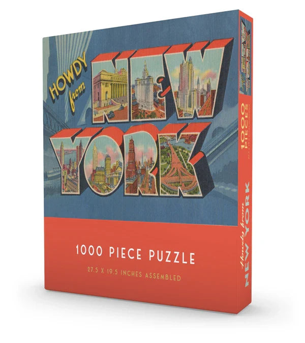 Product Title: Puzzle: Howdy From New York - A sturdy rectangular box displays large 3D block letters spelling “New York,” each filled with colorful illustrations of iconic NYC buildings on a grey‑blue background. The bottom reads “1000 PIECE PUZZLE” in thin white lettering. The spine shows the product title.