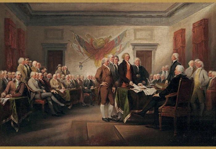 Assembled puzzle of historical painting of the signing of the Declaration of Independence with people in period attire.