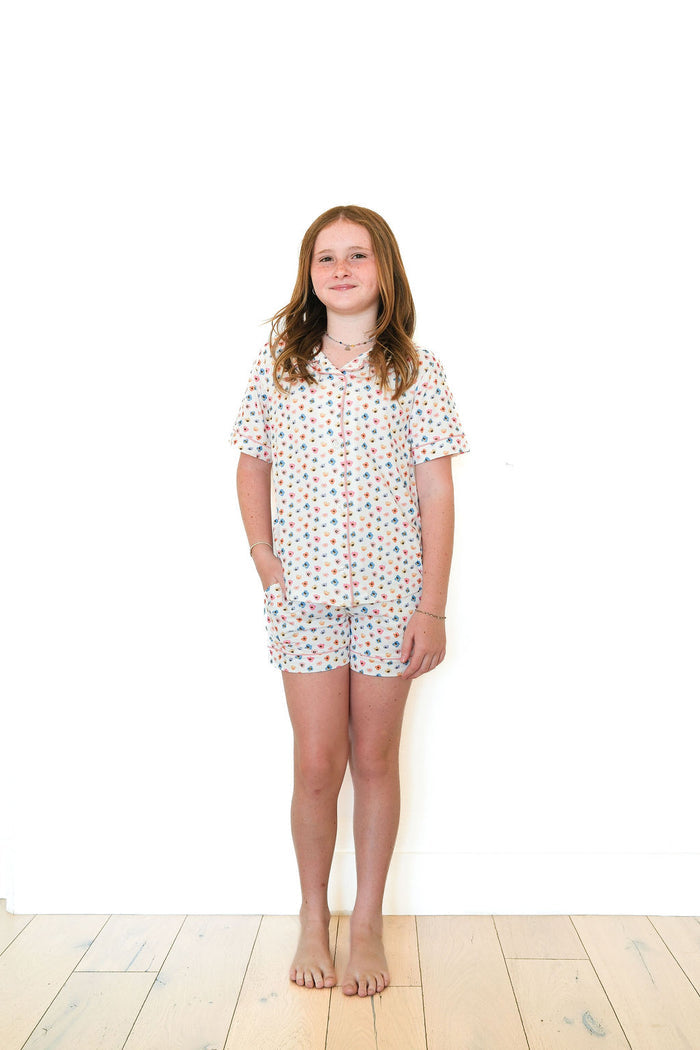 RAINBOW FLORAL | GIRLS' BUTTON UP SHORT SLEEVE + SHORTS SET