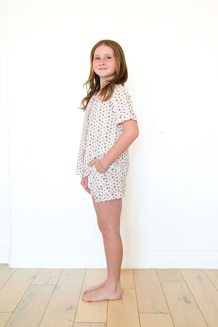 RAINBOW FLORAL | GIRLS' BUTTON UP SHORT SLEEVE + SHORTS SET