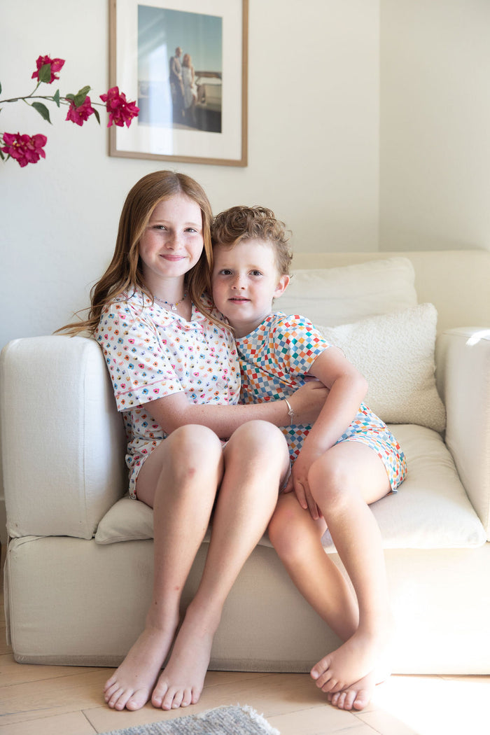 RAINBOW FLORAL | GIRLS' BUTTON UP SHORT SLEEVE + SHORTS SET