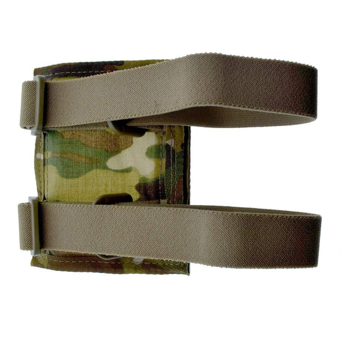 A camouflage-patterned tactical pouch with two beige adjustable straps and buckles, designed for attaching to gear or equipment. Complemented by a matching Raine Military ID Badge Armband Holder with Two Straps (SPID-1090) for seamless integration.