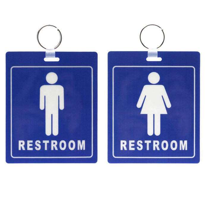 Blue restroom signs with white icons; the left sign features a male figure, and the right sign features a female figure. Both signs have "RESTROOM" written at the bottom, perfectly complementing any Restroom Pass Keychain - Bathroom Tag with Key Chain Ring - Heavy Duty Large Passes for Men and Women Restrooms with Key Holder (Sold in 2 Pack) (SPID-9830-Blue).