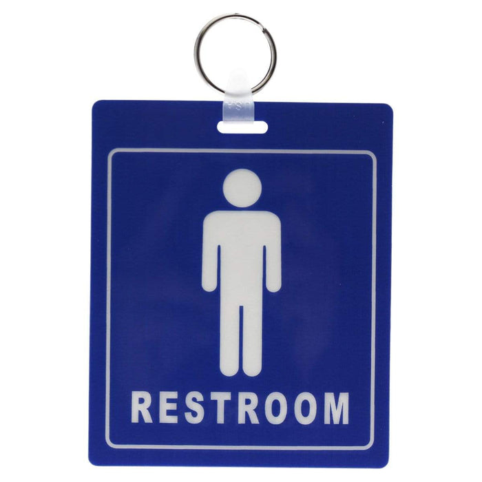 A blue sign with a white icon of a person indicating a restroom. The word "RESTROOM" is written in white below the icon. The sign, which doubles as a Restroom Pass Keychain - Bathroom Tag with Key Chain Ring - Heavy Duty Large Passes for Men and Women Restrooms with Key Holder (Sold in 2 Pack) (SPID-9830-Blue), has a hole and a ring at the top for hanging.