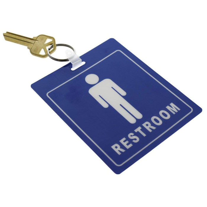 A Restroom Pass Keychain - Bathroom Tag with Key Chain Ring - Heavy Duty Large Passes for Men and Women Restrooms with Key Holder (Sold in 2 Pack) (SPID-9830-Blue) is attached to a blue restroom sign featuring a white icon of a person.