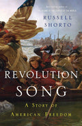 The image depicts a crowded boat of oarsmen and soldiers forcing their way through icy river floes beneath a dark winter sky. Rendered in cool blues and muted earth tones, the scene—adapted from Washington Crossing the Delaware but without Washington shown—captures a sense of danger and strain. The title REVOLUTION SONG: A Story of American Freedom appears in white and yellow text below, while the author’s name is set in blue in the top right corner.