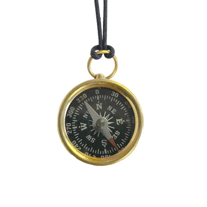 Compass pendant on a black cord against a white background