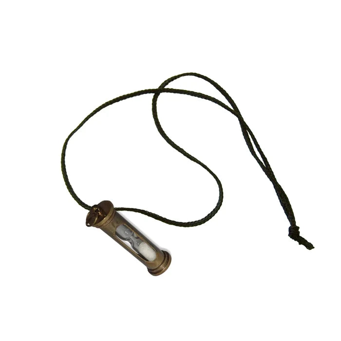 Sand timer necklace on a white background