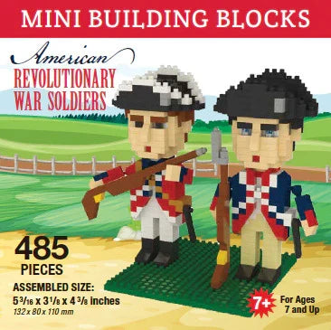 Mini building blocks set of American Revolutionary War soldiers with assembly details on a grassy field background.