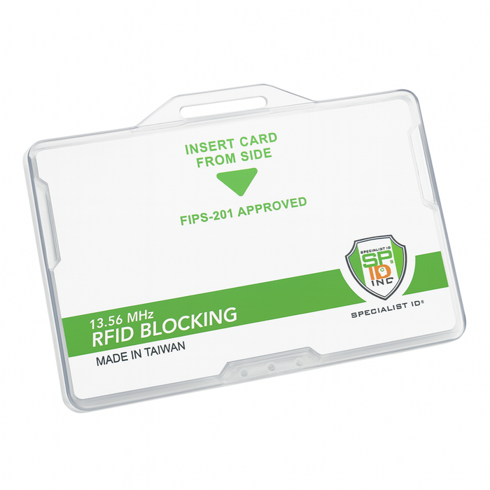 The Specialist ID Dual Sided RFID Blocking Badge Holder (SPID-1760) is a clear, heavy-duty, FIPS-201 approved protector with 13.56 MHz RFID shielding, green and white label, side card insertion, and made in Taiwan.