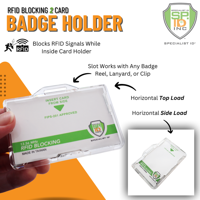 The Specialist ID Dual Sided RFID Blocking Badge Holder (SPID-1760) is a heavy duty horizontal smart card protector with green accent, fits CAC/TWIC/PIV badges, shields 13.56 MHz RFID, and works with reels, lanyards, or clips.