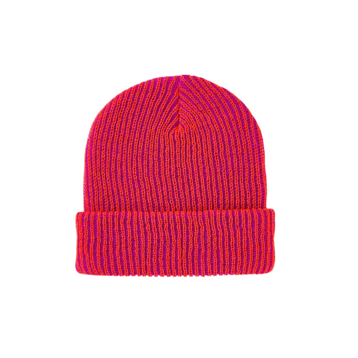 This is a soft, ribbed two-tone cherry blossoms-poppy magenta knit beanie designed for all genders. It has a clean, smooth shape that fits evenly on the head without bumps or visible seams. The beanie is made from 100% acrylic and feels cozy and lightweight. When laid flat and unstretched, it measures about 8.5 inches wide and 12 inches long. It’s intended for everyday wear, easy styling, and gifting.