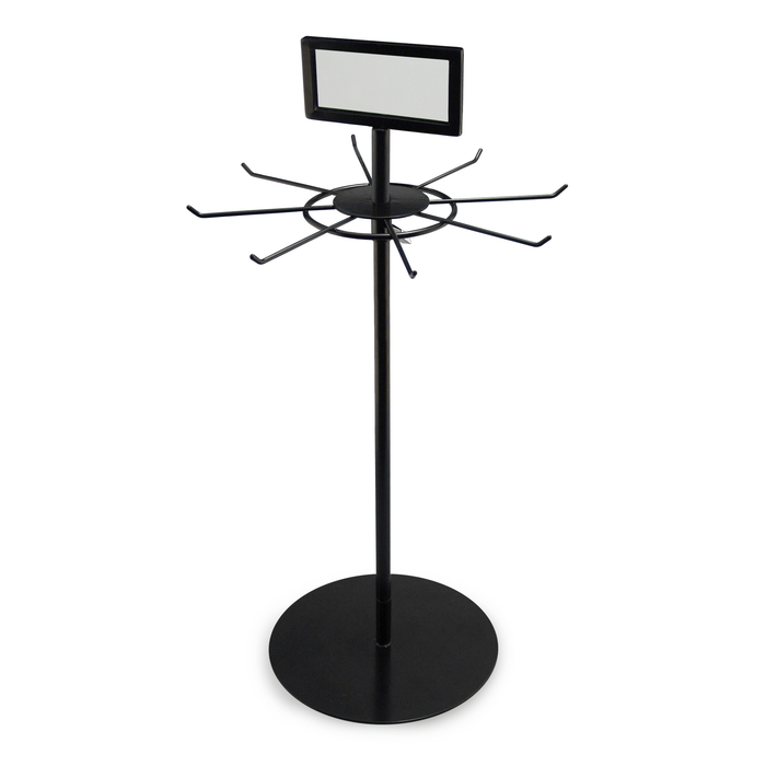 Black rotating tabletop lanyard display stand with sign holder