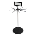 Black rotating tabletop lanyard display stand with sign holder
