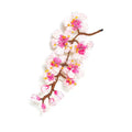 A close-up of a hand‑embroidered Sakura brooch on a plain white background. It depicts a slender branch with small cherry blossoms in soft blush pink. The flowers are textured and slightly raised, made from beads, sequins, stones, yarns, and delicate fabrics, giving the piece a detailed, tactile feel.