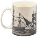 The image features the Schooner Mug, a durable 18‑ounce stoneware mug with a smooth, weighty feel, a comfortable curved handle, and a distinctly vintage look, featuring a full wrap‑around design of old‑fashioned sailing ships crossing ocean waves in soft gray tones on an off‑white, sepia‑style background; it stands about 5¼ inches tall and is safe for the microwave, oven, and dishwasher.