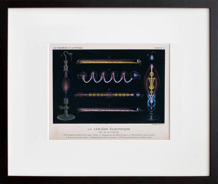Six kinds of electric light produced in tubes containing different gases in black frame
