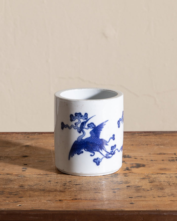 Small Blue and White Porcelain Flying Crane Cachepot - Lone Fox