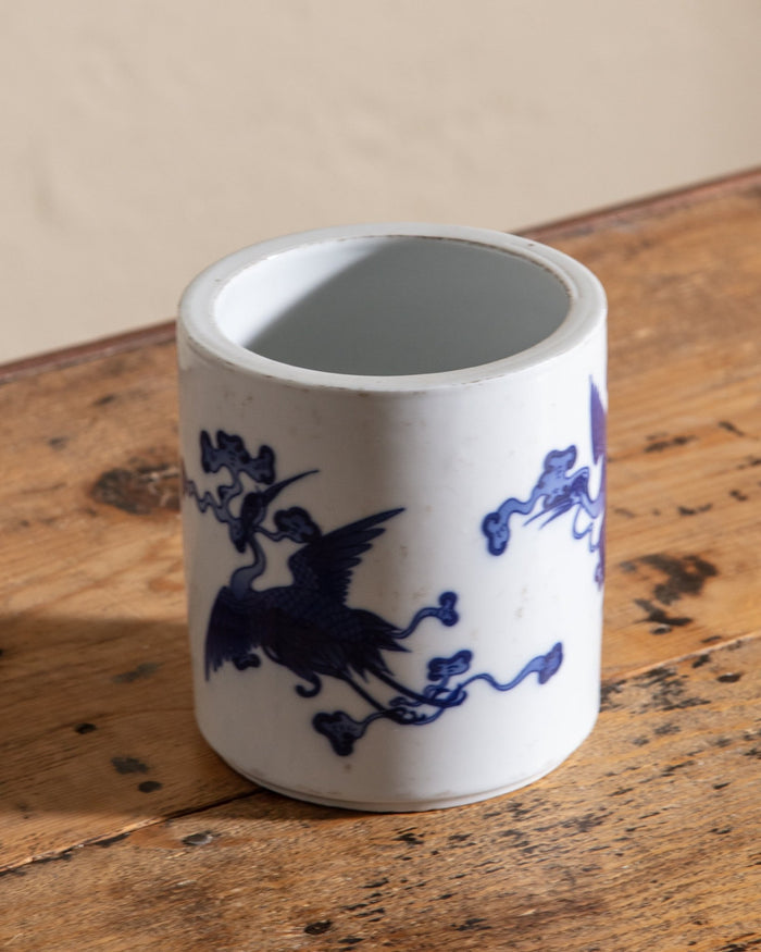 Small Blue and White Porcelain Flying Crane Cachepot - Lone Fox
