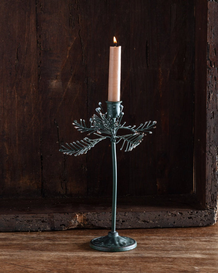 Snowy Pine Sprig Tole Taper Holder - Lone Fox