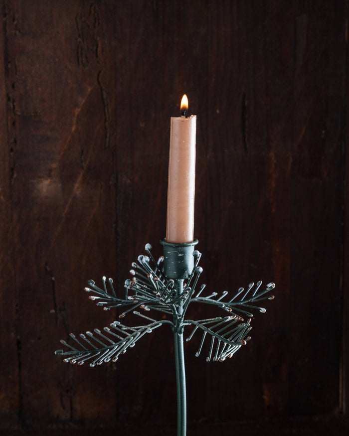 Snowy Pine Sprig Tole Taper Holder - Lone Fox