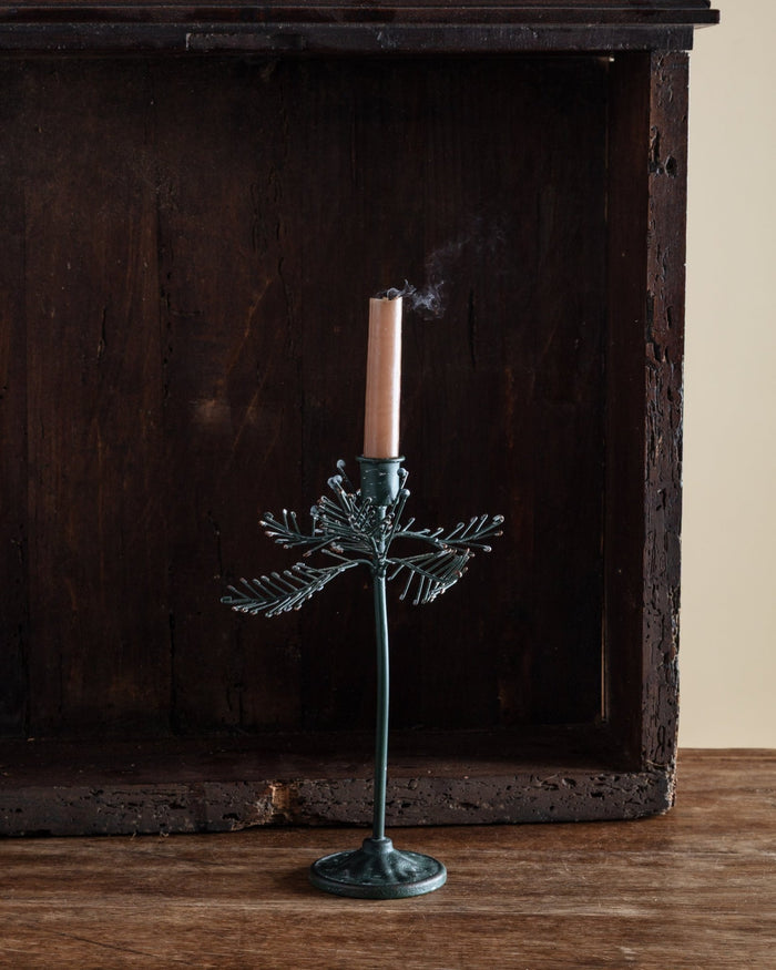 Snowy Pine Sprig Tole Taper Holder - Lone Fox